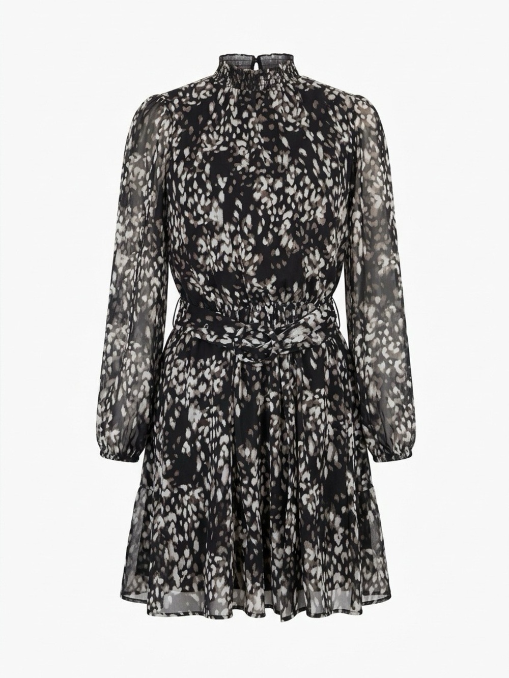 Nine West Black & Ivory Printed Long-Sleeve Tie-Waist Dress